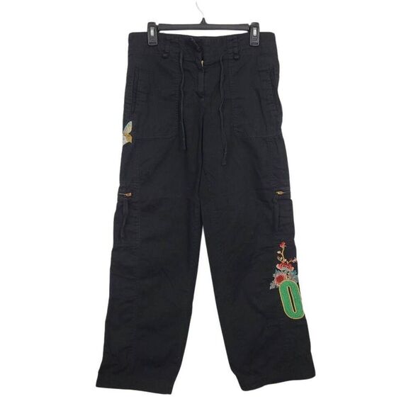Y2K Johnny Was Wildcat Embroidered Parachute Cargo Pants Sz S Black Wide‎ Leg - Picture 1 of 7